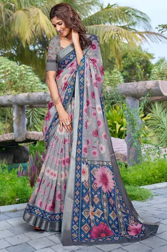 grey pink cotton blend saree with floral print