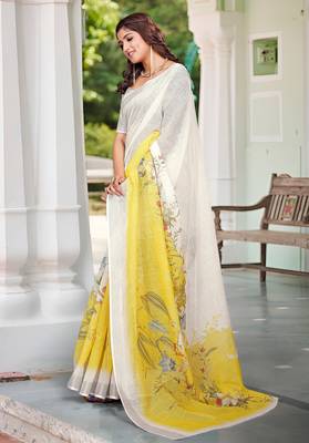 yellow white cotton blend saree with floral print 2