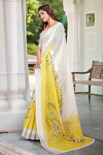 yellow white cotton blend saree with floral print