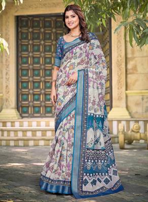 white blue cotton blend saree floral border print 1