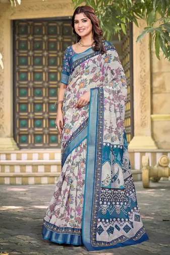 white blue cotton blend saree floral border print