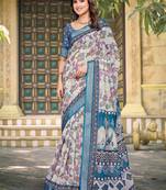 white blue cotton blend saree floral border print