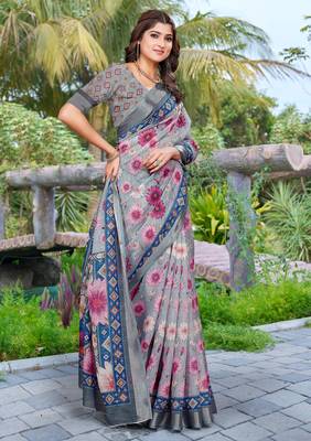 grey pink cotton blend saree with floral print 3