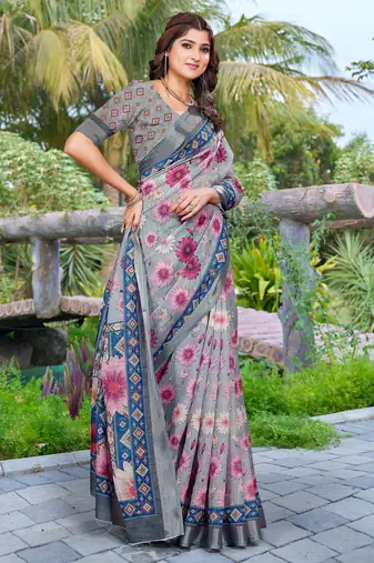 grey pink cotton blend saree with floral print