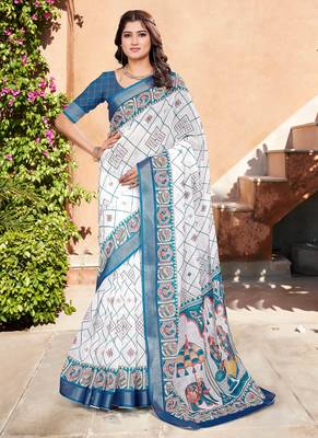 white blue cotton blend saree with floral border print 1