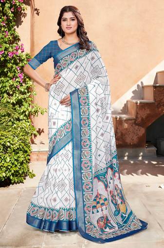 white blue cotton blend saree with floral border print