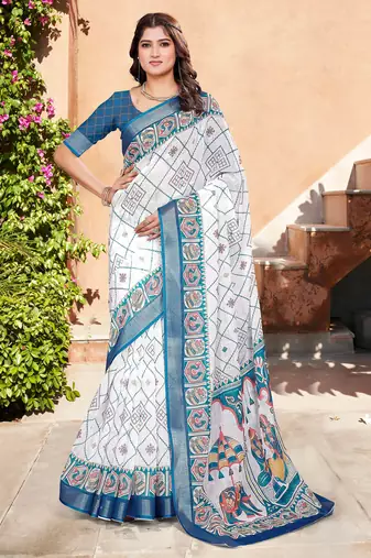white blue cotton blend saree with floral border print