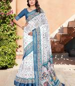 white blue cotton blend saree with floral border print
