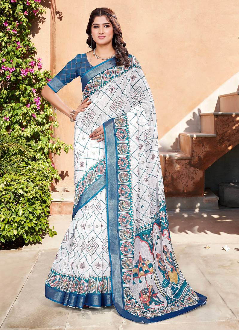 white blue cotton blend saree with floral border print