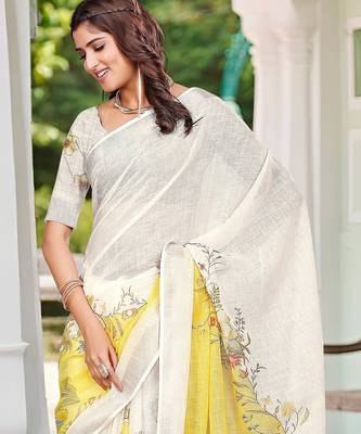 yellow white cotton blend saree with floral print 3