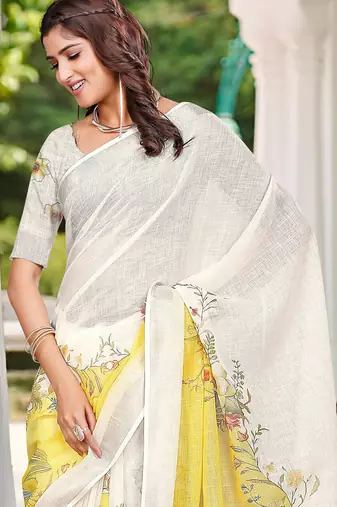 yellow white cotton blend saree with floral print