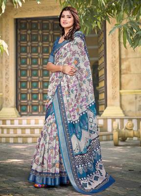 white blue cotton blend saree floral border print 2