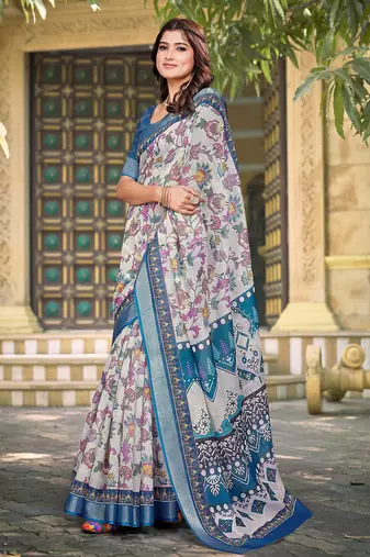 white blue cotton blend saree floral border print