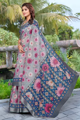 grey pink cotton blend saree with floral print