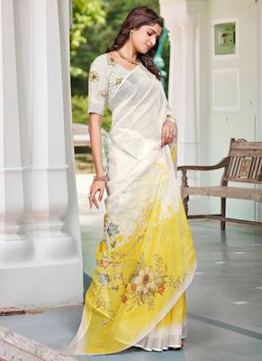 yellow white cotton blend saree with floral print 4