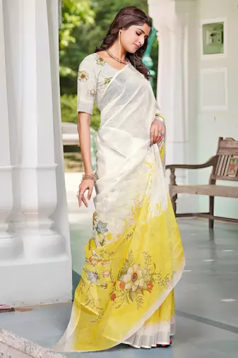 yellow white cotton blend saree with floral print