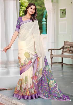 cream cotton blend digital print saree 1
