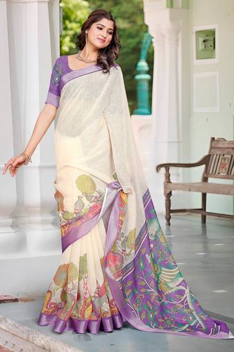cream cotton blend digital print saree