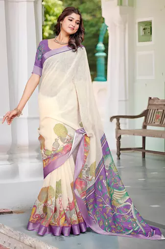 cream cotton blend digital print saree