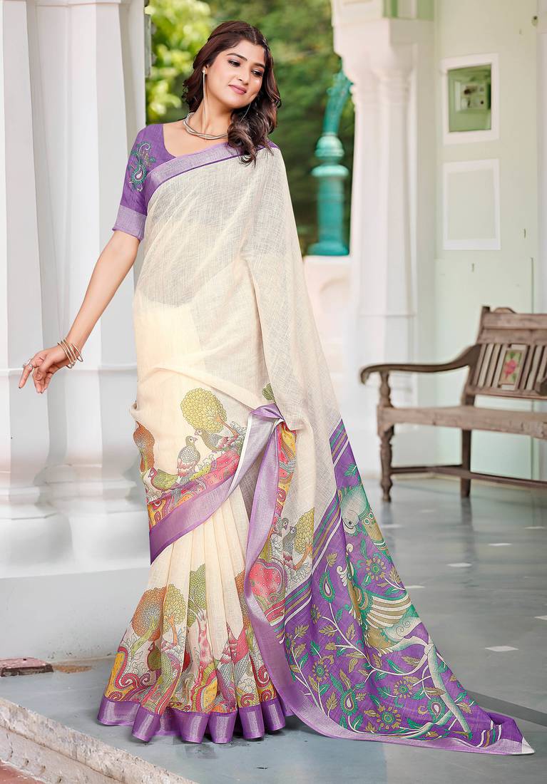 cream cotton blend digital print saree