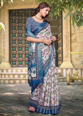 white blue cotton blend saree floral border print 3