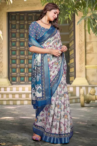 white blue cotton blend saree floral border print