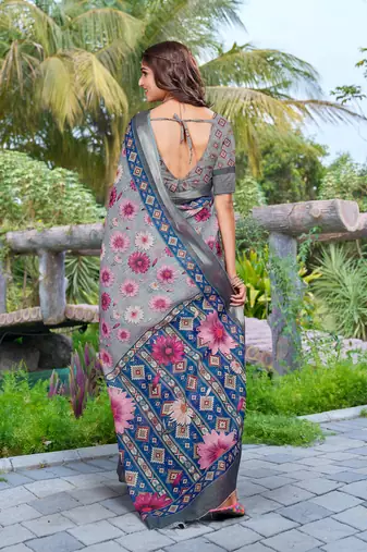grey pink cotton blend saree with floral print