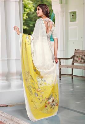 yellow white cotton blend saree with floral print 5