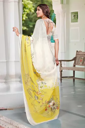 yellow white cotton blend saree with floral print