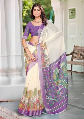 cream cotton blend digital print saree 2