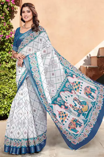 white blue cotton blend saree with floral border print