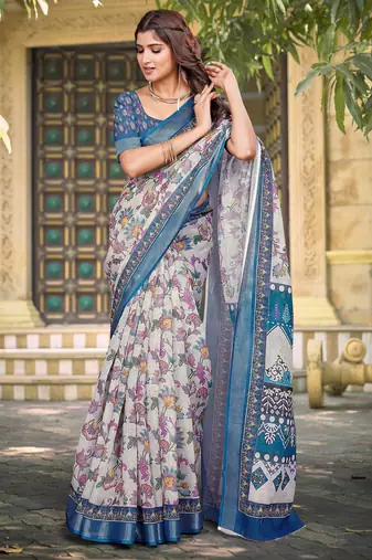 white blue cotton blend saree floral border print