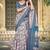 white blue cotton blend saree floral border print