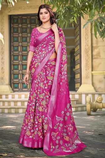 pink cotton blend saree floral print