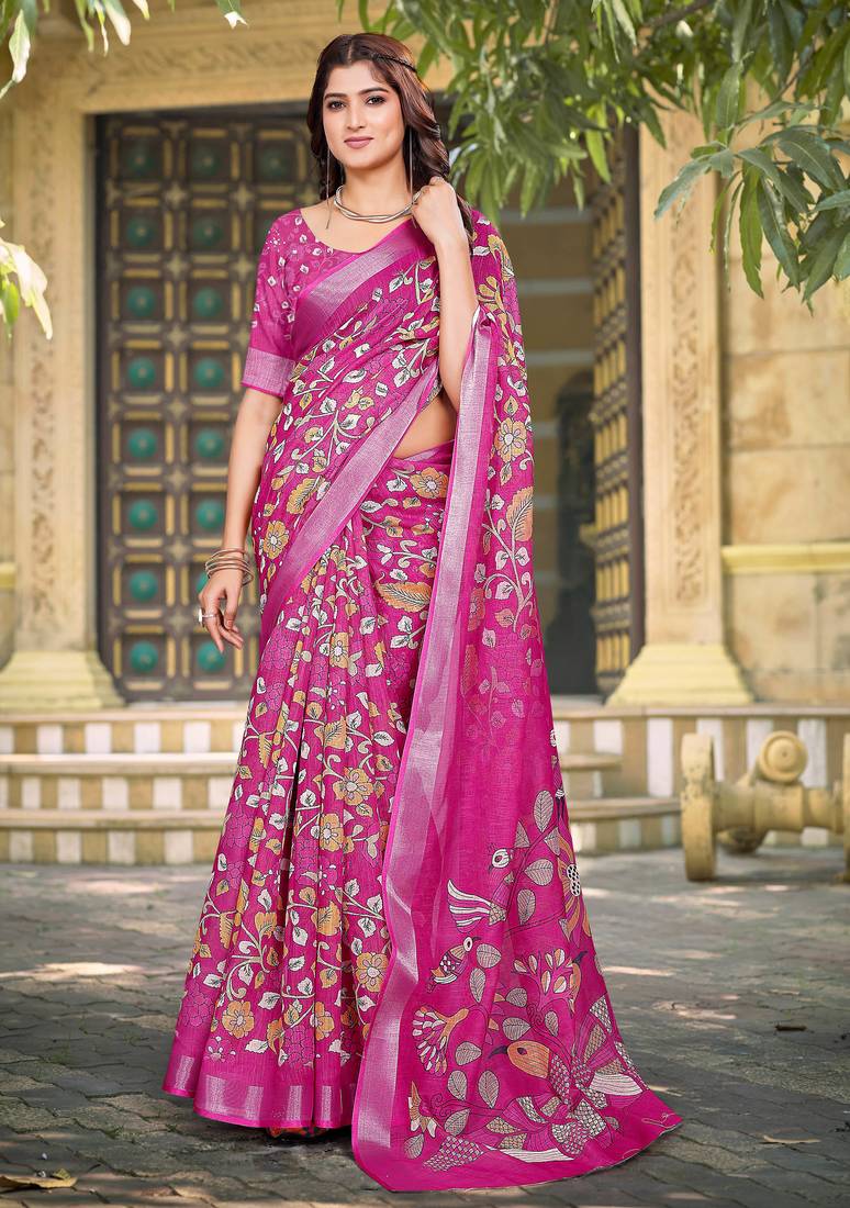 pink cotton blend saree floral print