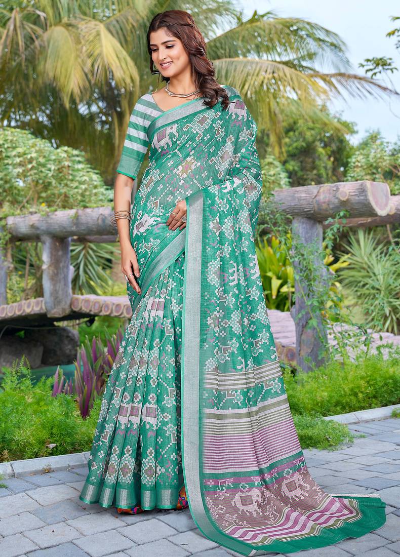 sea green cotton blend saree with floral border print