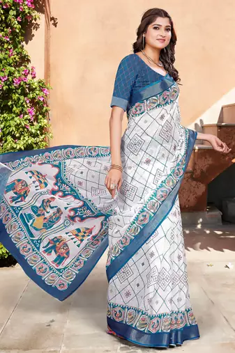 white blue cotton blend saree with floral border print