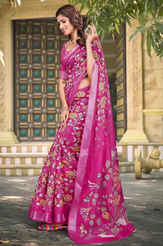 pink cotton blend saree floral print