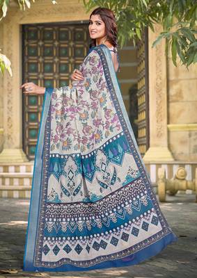 white blue cotton blend saree floral border print 5