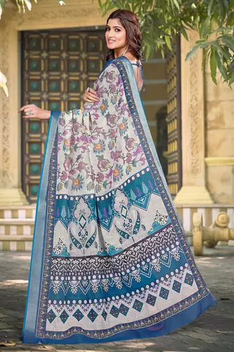 white blue cotton blend saree floral border print