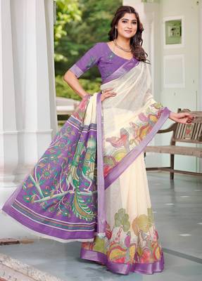 cream cotton blend digital print saree 3
