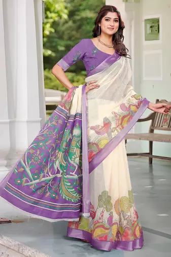 cream cotton blend digital print saree