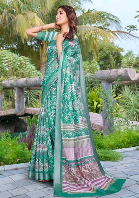 sea green cotton blend saree with floral border print 2