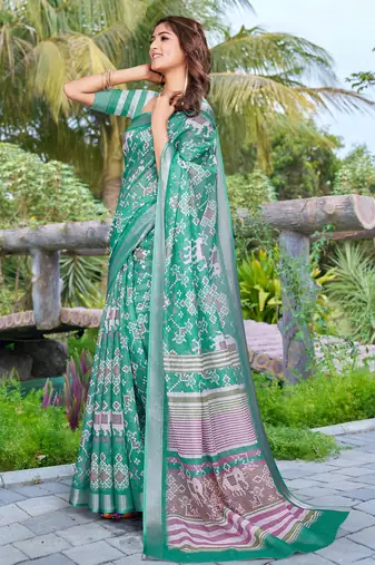 sea green cotton blend saree with floral border print