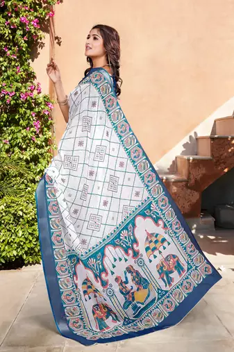 white blue cotton blend saree with floral border print