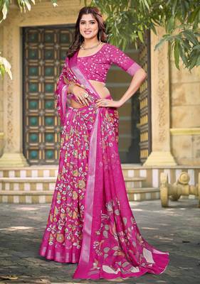 pink cotton blend saree floral print 3