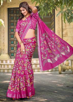 pink cotton blend saree floral print 4
