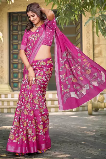 pink cotton blend saree floral print