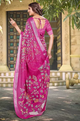 pink cotton blend saree floral print