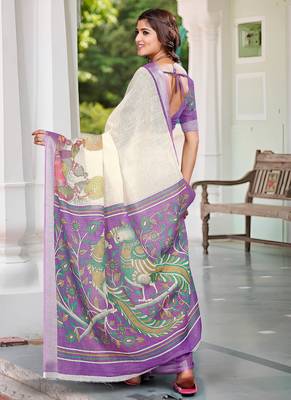 cream cotton blend digital print saree 5